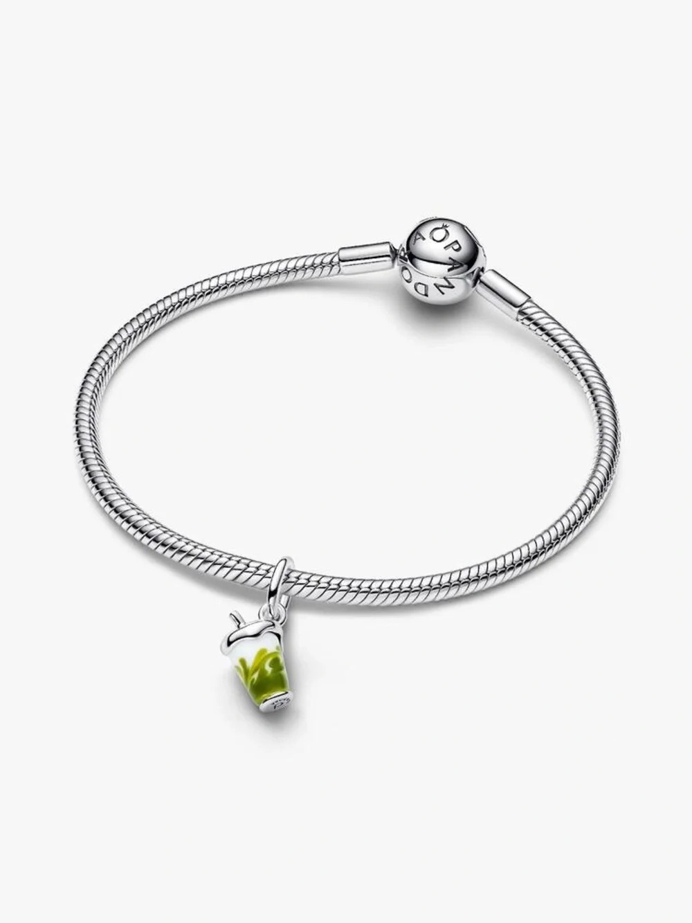 Pandora Silver Bracelet with Green Enamel Drink Charm